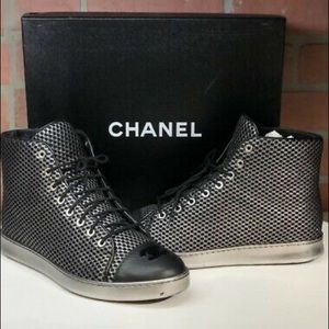 Black Silver Mesh Leather CC Lace Up High Top